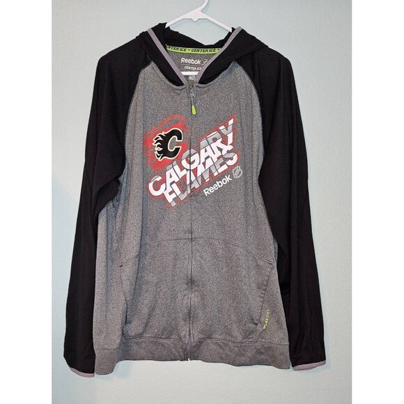 Reebok Calgary Flames NHL Center Ice PlayDry Full-Zip Hoodie Size L Gray Black - Picture 2 of 8